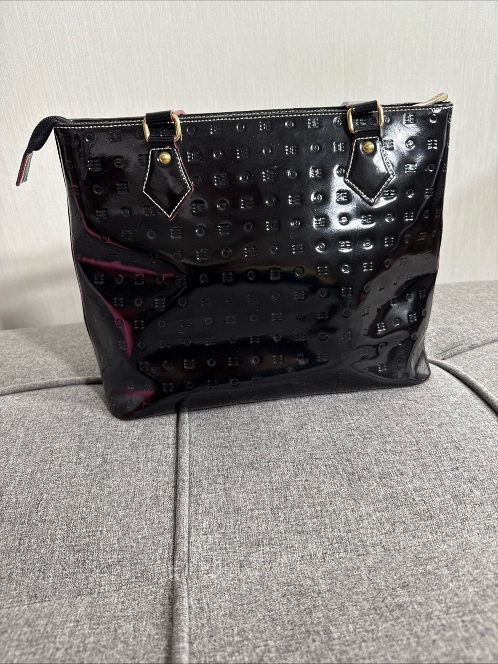 Arcadia Made In Italy Shoulder Bag Tote Black Genuine Patent Leather Embossed